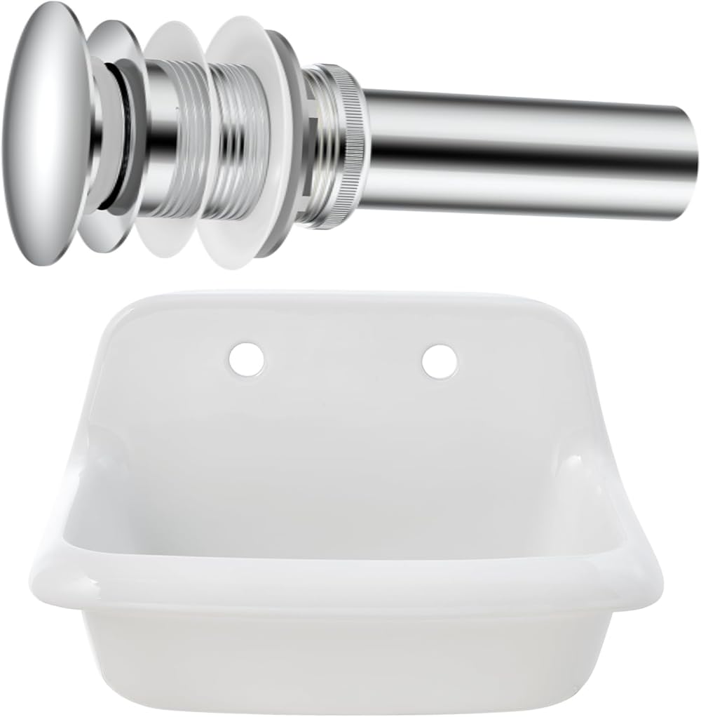 ELLAI 24 Inch Wall Mounted High Back Kitchen Sink 24” x 17” x 15” White Porcelain Utility Sink Farm Sink Ceramic Farmhouse Laundry Sink with Pop Up Drain without Overflow Polished Chrome