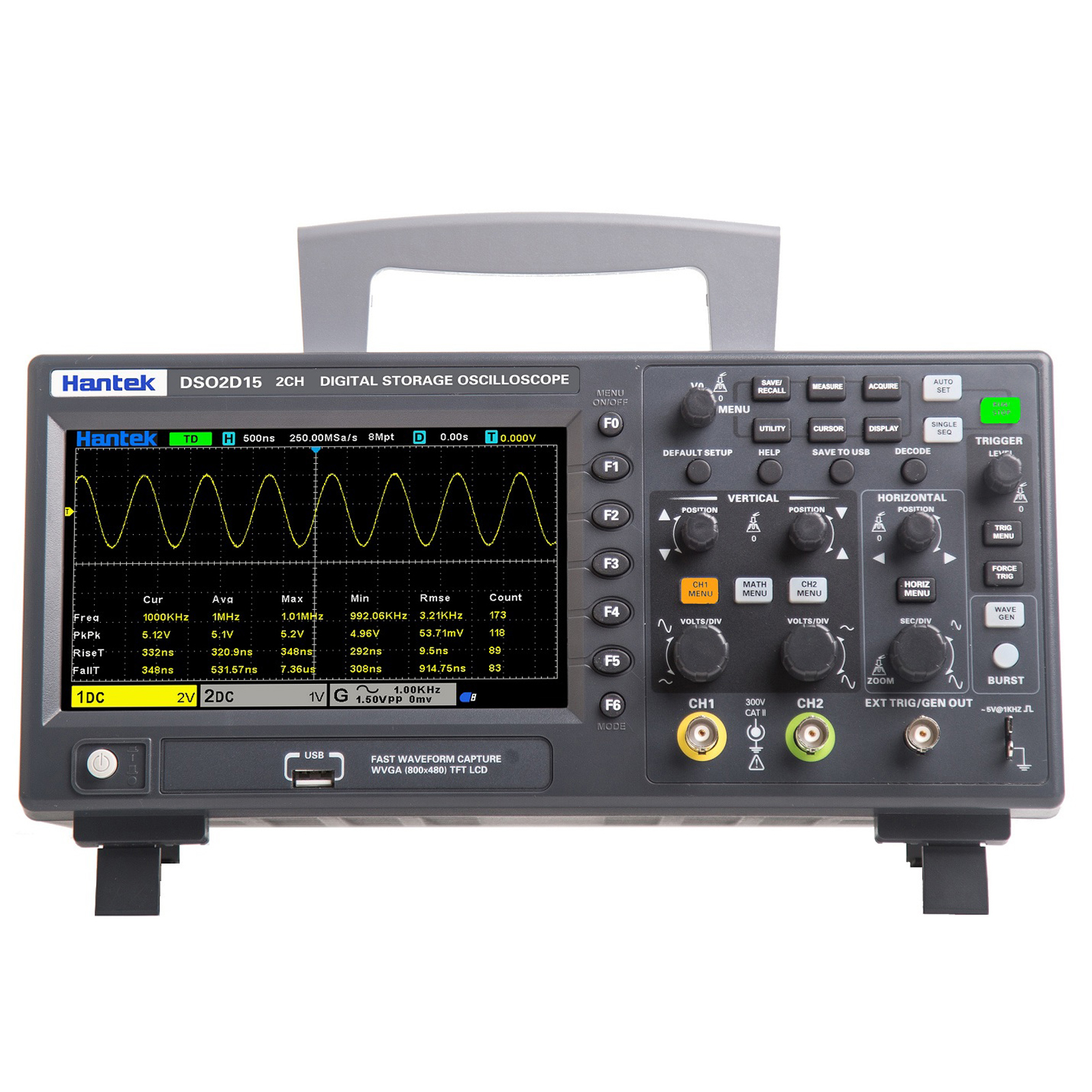 Hantek DSO2D15 Digital Oscilloscope Meter Desktop Oscillograph Oscillometer 800 * 480 Pixel 7 Inch TFT LCD Screen 2CH+1CH Channels 150MHz Band Width 1GSa/s Sampling Rate Oscilloscope Multipu