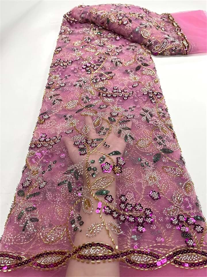 Nigerian Lace Fabric for Wedding Dress, Sequins Embroidered, African Tulle, French Net Lace Heavy Bead Fabric