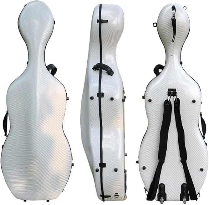4/4 Full Size Cello Case Hard Mixed Carbon Fiber Strong & Ultralight Cello Box ca. 4.0 kg with Strong Handle & 2 Bow Holders & Back Straps & Wheels (White)
