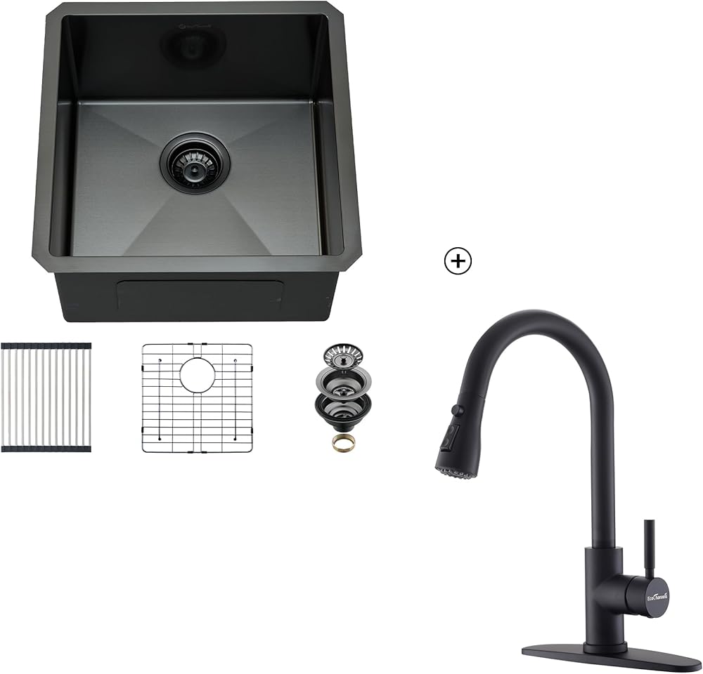 Undermount Kitchen Sink,18 x 18 Inch Sink With Pull Down Sprayer Kitchen Faucet, 16 Gauge T-304 Stainless Steel Gunmetal Black Kitchen Sink