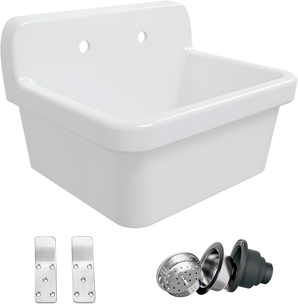 Eridanus 24 Inch Utility Sink, Farmhouse Kitchen Sink Wall Mounted Laundry Sink Floating Porcelain Ceramic Trough High Back for Garage, Workshop, Washing Room, Bathroom, 24