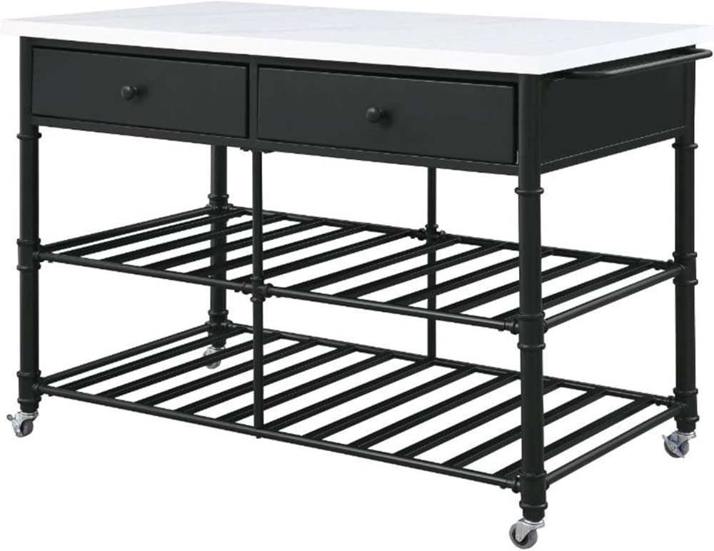 Acme Emery Artificial Stone Top 2-Drawer Kitchen Island in White and Gray