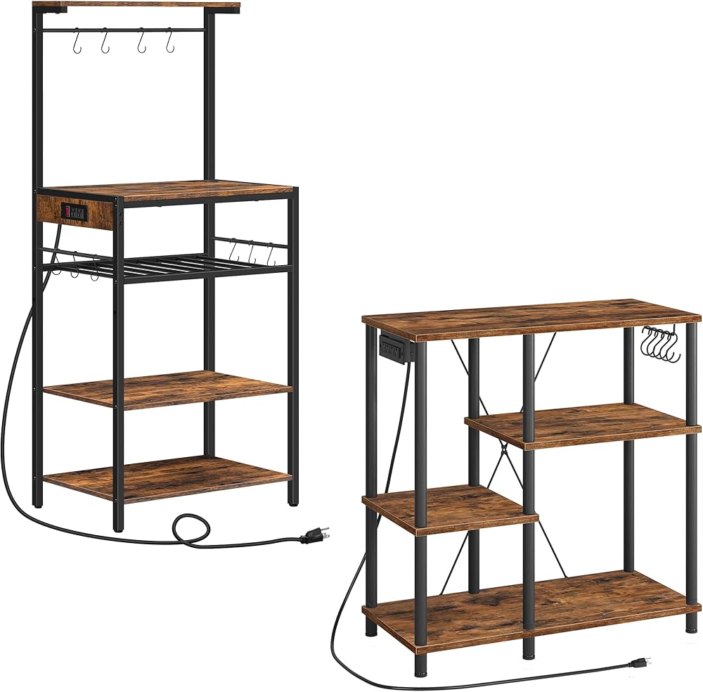 Bakers Rack with Power Outlet, Microwave Stand, Coffee Bar, Kitchen Storage Shelf, for Kitchen, Living Room, Rustic Brown and Black BF07UHB01-BF60UHB01