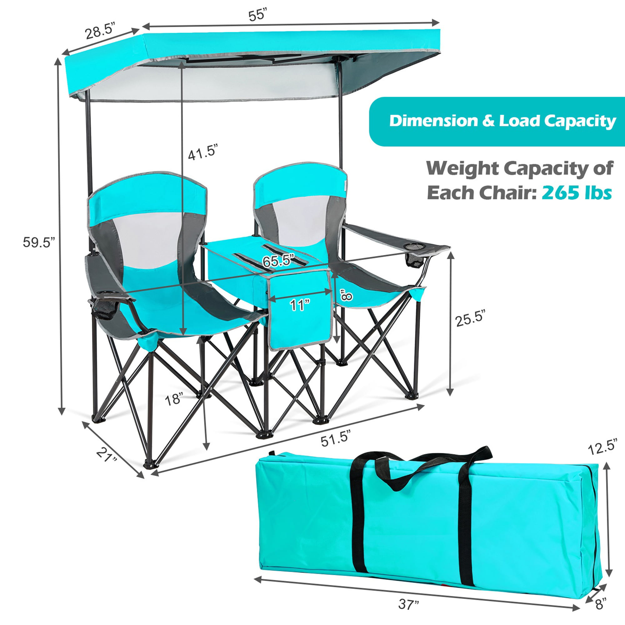 Gymax Folding 2-person Camping Chairs Double Sunshade Chairs w/ Canopy Turquoise, Adult
