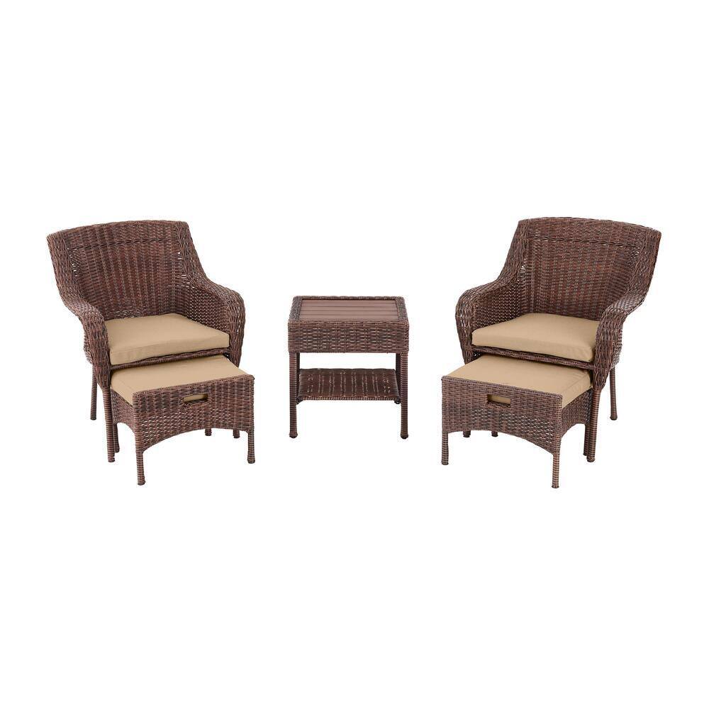 Hampton Bay Cambridge 5-Piece Brown Wicker Outdoor Patio Conversation Seating Set with Sunbrella Beige Tan Cushions