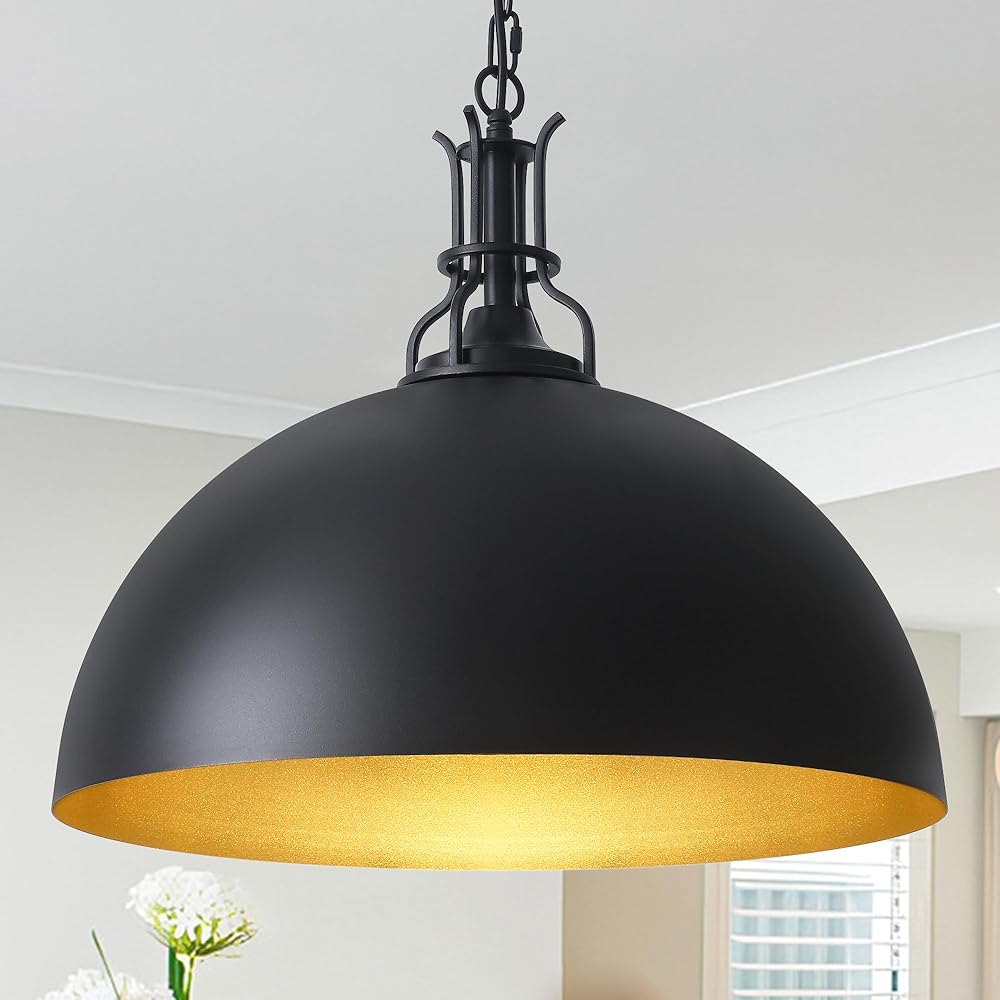 19.7'' Large Dome Black Pendant Light Farmhouse Vintage Kitchen Island Pendant Light Fixtures Industrial Rustic Chandeliers for Dining Room Entryway Hallway Foyer Kitchen Living Room