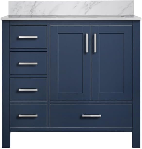 Jacques 36 in. W x 22 in. D Right Offset Navy Blue Bath Vanity and Carrara Marble Top