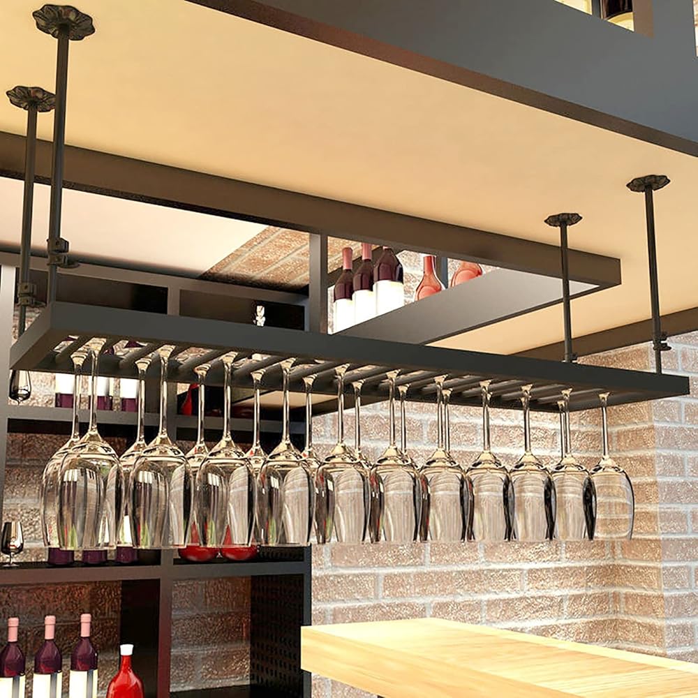 Vintage Iron Wine Glass Holder, Ceiling Black Rack, Adjustable Height, Wine Glass Storage Rack, Champagne Cup Holder, for Bar Kitchen Restaurant/Multi-Colored/60Cm