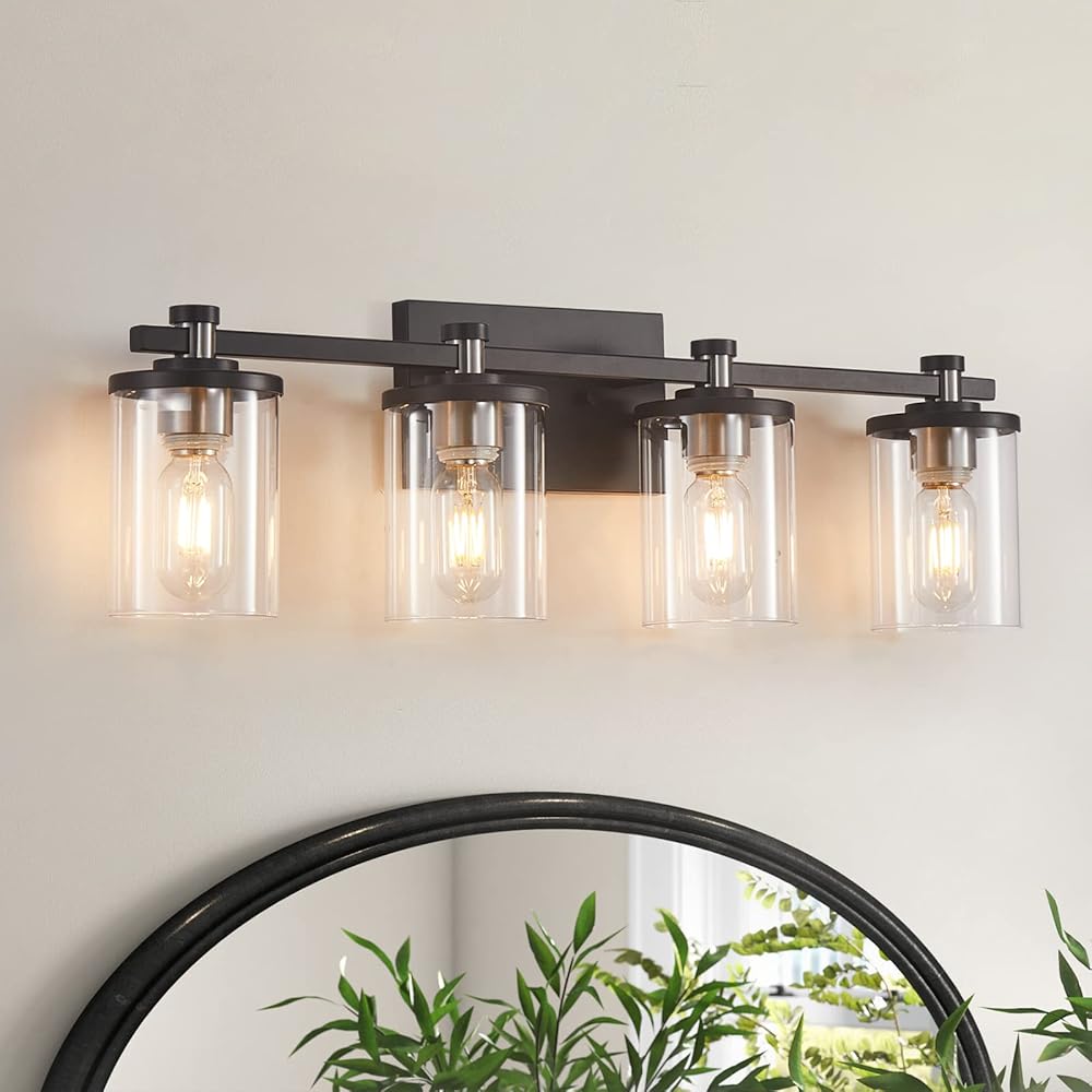 Bathroom Vanity Light 4-Light, Black and Nickel Bathroom Light Fixtures with Clear Glass Shade, Vintage Bathroom Vanity Lights, Modern Wall Sconce for Bathroom