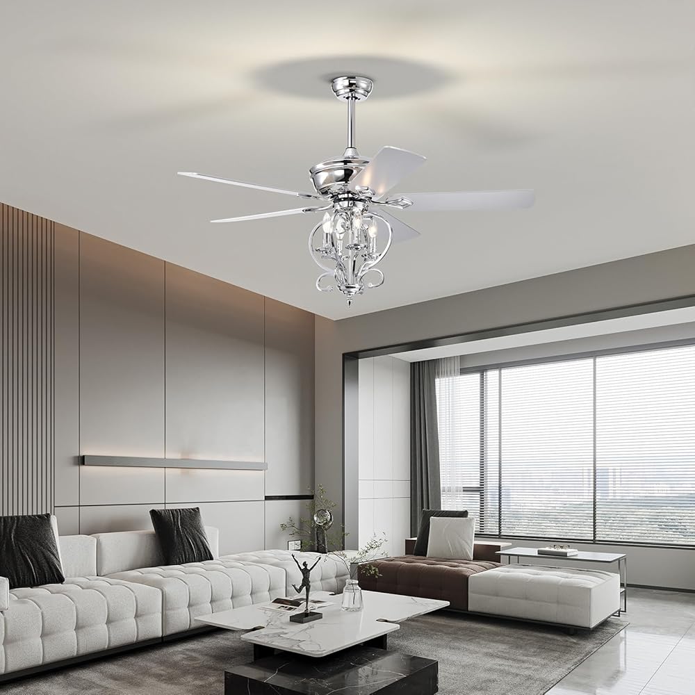 52 Inch 4 Lights Ceiling Fan with 5 Wood Blades, 2-Color Fan Blade, AC Motor, Remote Control, Reversible Airflow, 3-Speed, Adjustable Height, Traditional Ceiling Fan Silver One Size