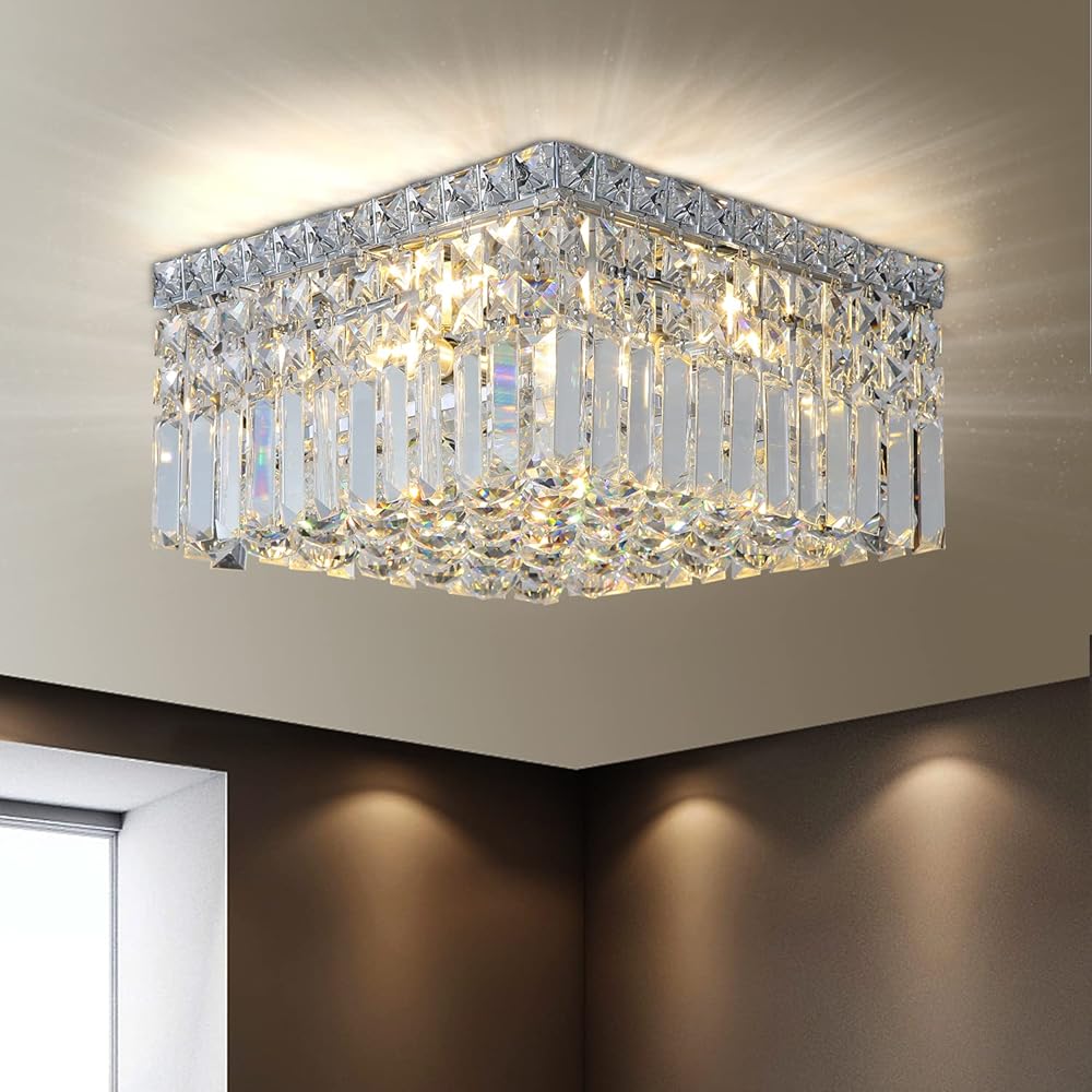 4-Lights Modern Flush Mount Ceiling Light Fixtures,Elegant Crystal Chandelier Pendant Ceiling Lamp for Bedroom,Living Room,Dining Room,Hallway H5.9 x W13.7 x L13.7 (Bulbs Not Included) Square