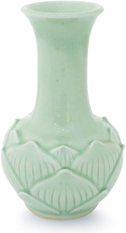 NOVICA Floral Celadon Ceramic Vase, Green, Jade Lotus'