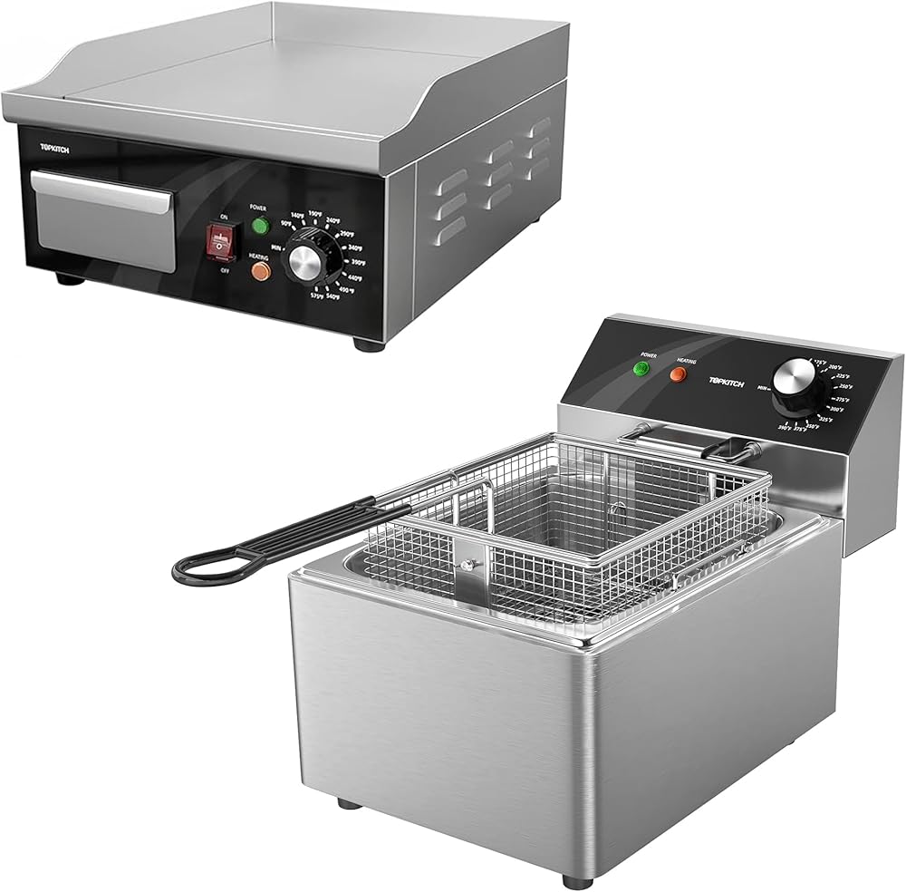 Electric Deep Fryer 10L(10.5QT) Single Tank Fryer & 14 Inch Electric Flat Top Grill, Stainless Steel,120V 1800W,Easy Cleaning for Home Kitchen and Restaurant Use
