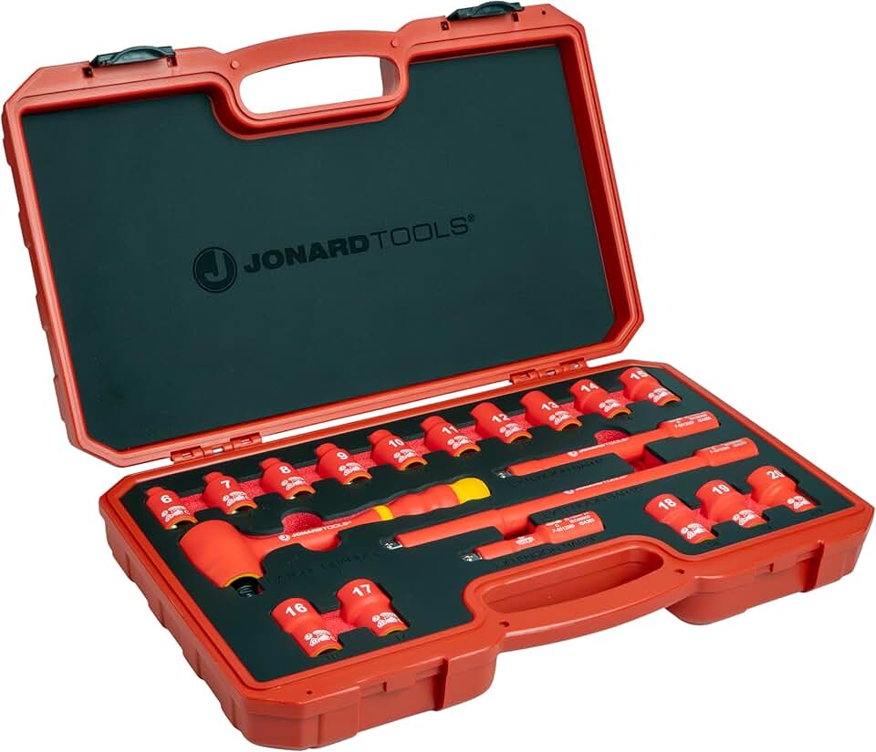 Jonard Tools INSS-19M 1000VAC Insulated 19 Piece Metric Socket Set with 3 Extensions and 72-tooth 3/8” Drive Rachet