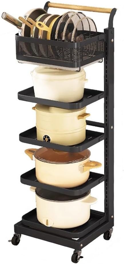 5-Tier Multifunctional Adjustable Pan & Pot Rack for Cabinet, Floor Organizer, Pot Organizer, Pot Lid Organizer with Wheels, for Kitchen Organization and Storage