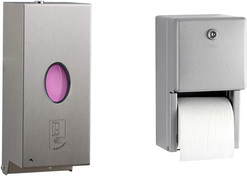 Bobrick Automatic 30 Fl Oz Wall-Mounted Soap Dispenser & Double Roll Toilet Paper Dispenser Bundle, Stainless Steel