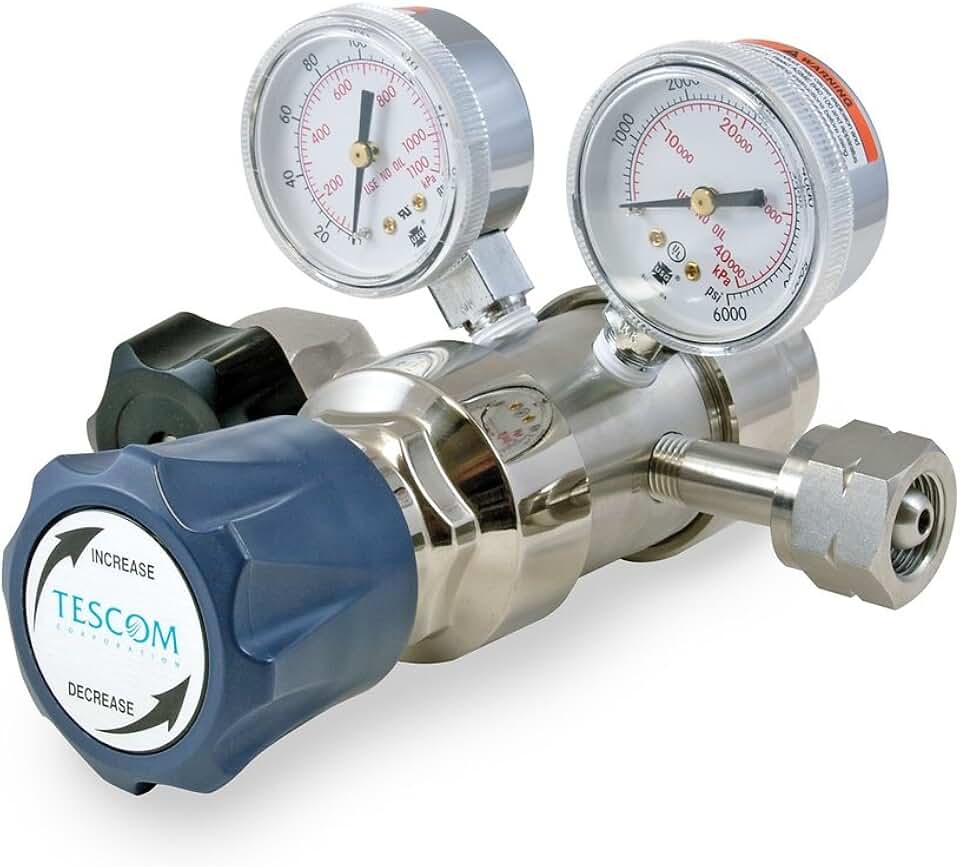 SG2P3100-02BPB SG2 Two-Stage Pressure Regulator, Plated Brass Body, 0-50 PSIG Out, SST Diaphragm, 6 Port, 0.06 CV, CGA 350, Gauges, Outlet Valve