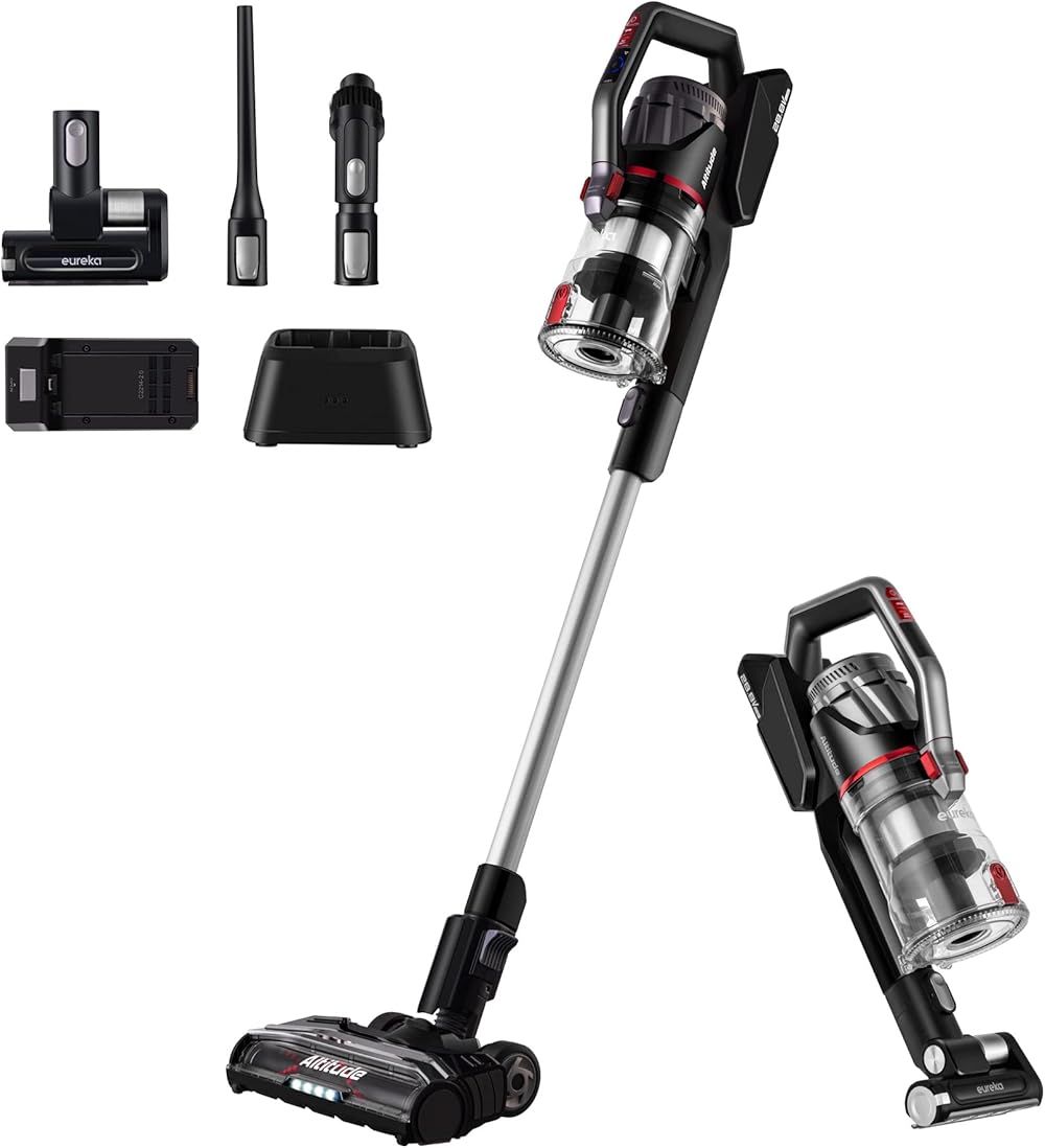 Eureka Lightweight Cordless Vacuum Cleaner with LED Headlights, 450W Powerful BLDC Motor Removable Battety Handheld Vac for Multifloors, Carpet & Hardwood Floor, Altitude Deluxe + Extra Battery, Red