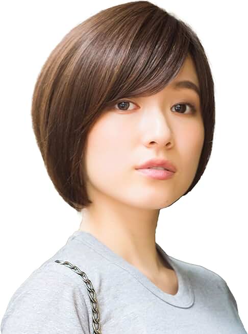 Mannish Short Human Hair Mix handmade short wig for asian women(Japanese popular medical wig) (L, Chocolate Brown)