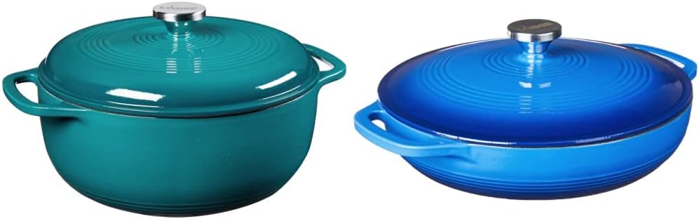 Lodge EC6D38 Enameled Cast Iron Dutch Oven, 6-Quart, Lagoon & Enameled Cast Iron Covered Casserole, 3.6-Quart, Caribbean Blue, Oval casserole
