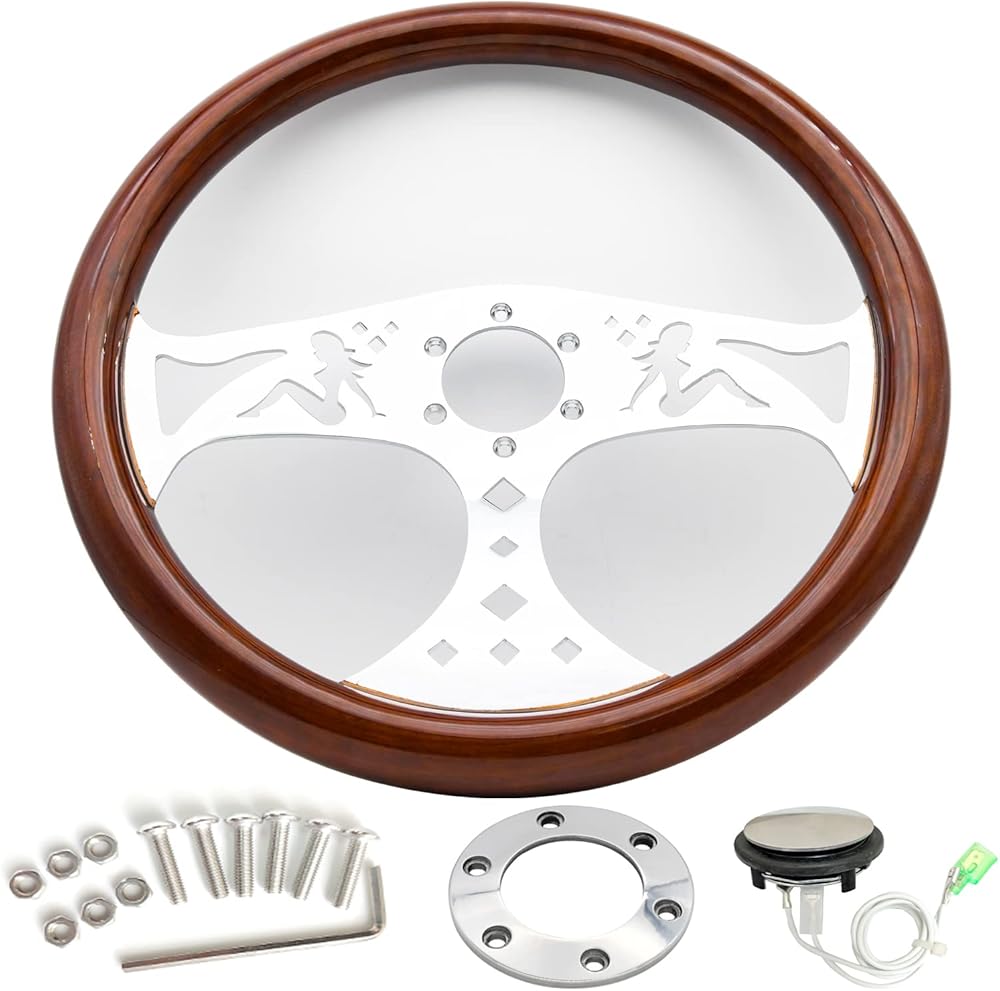 380mm Wooden Steering Wheel, 15 Inch Classic Nostalgia Vintage Wood Steering Wheel, Slotted 3 Spoke Steering Wheel Riveted Light Wood Grip，with Horn Kit(Girl pattern)