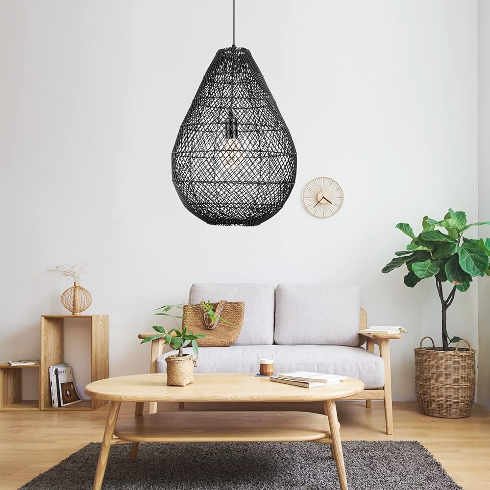 Arturesthome Farmhouse Woven Bell Black Pendant Light Chandelier, Rustic Rattan Hanging Ceiling Light Fixture for Kitchen Island Cafe Basement Hallway Foyer