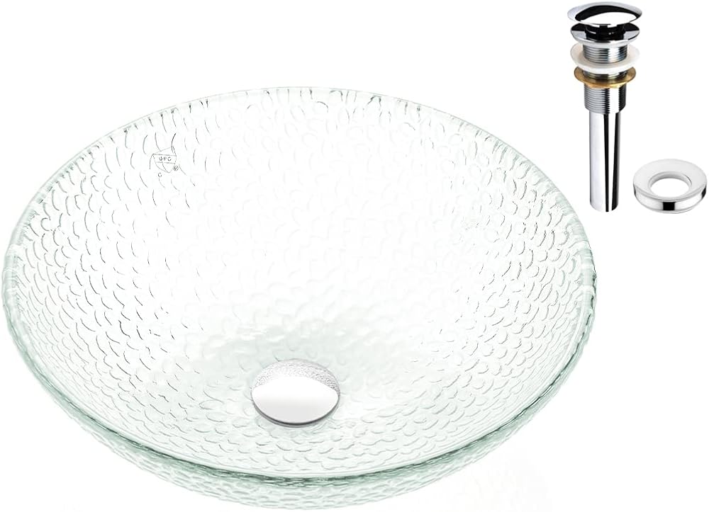 Pearl Series Glass Vessel Sink In Ice Top Raindrop Mount Sinks Above Countertop | Vanity Countertop Clear Transparent Sink Bowl with Pop Up Drain | FW-LA623