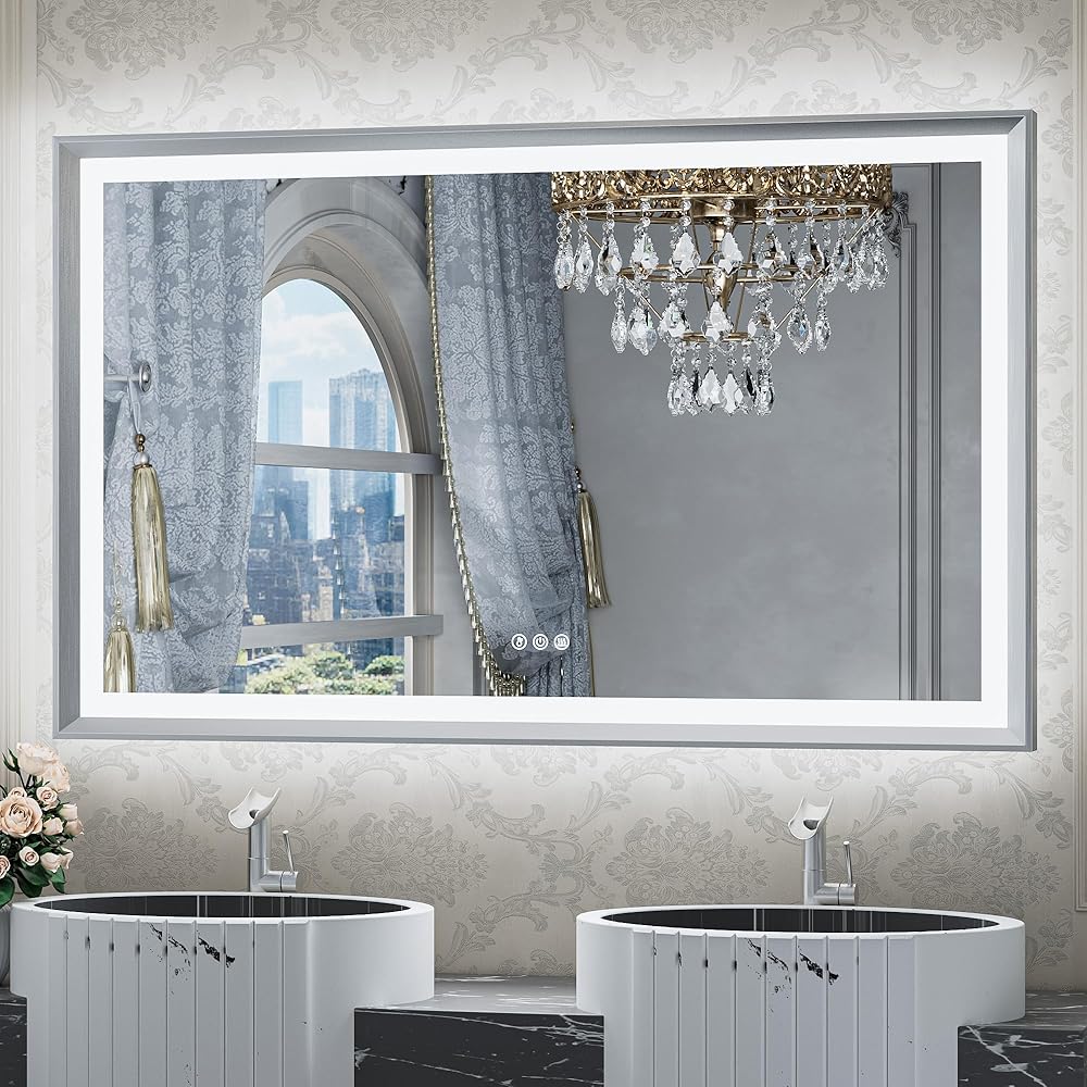 TETOTE 48x30 LED Bathroom Mirror with Lights Brushed Nickel Metal Framed Front & Back Light Vanity Mirror Silver Baroque Antifog Stepless Dimmable White/Warm/Natural,Wall Mounted(Horizontal/Vertical)