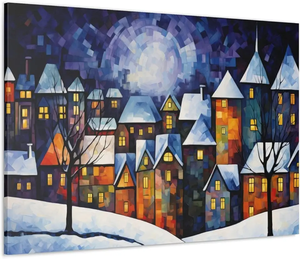 Cozy Village Canvas | Winter Landscape Wall Art Decor | Snowy City Canvas Art | Seasonal Holiday Decor 48″ x 32″