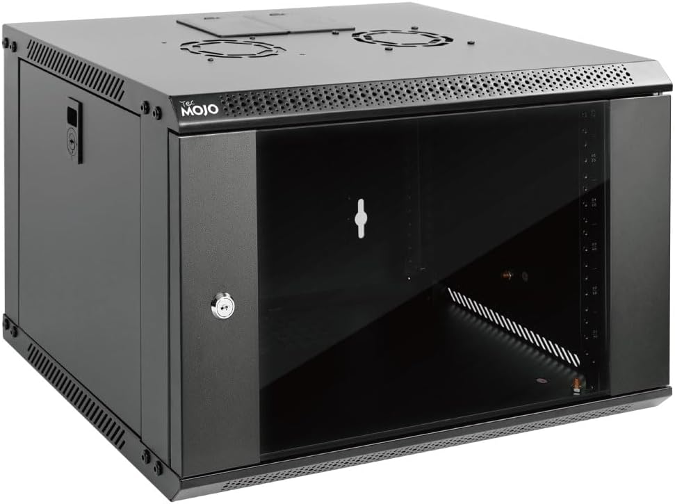 6U Wall Mount Server Cabinet IT Network Rack Enclosure Lockable Door and Side Panels Black,Cooling Fan,Standard Glass Door,17.7inch Depth,for 19” IT Equipment,A/V Devices