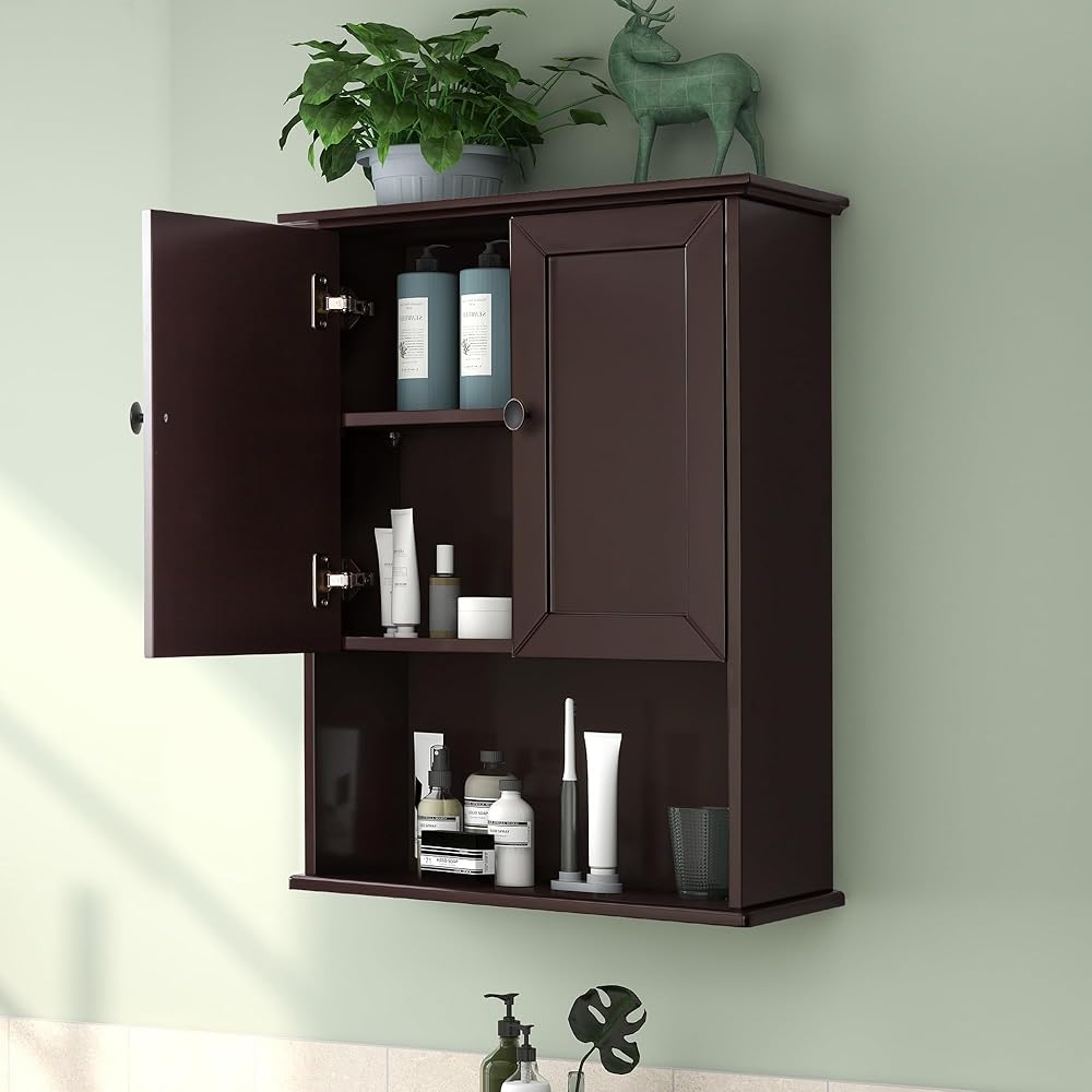 Bathroom Cabinet Wall Mounted Brown Wooden Medicine Cabinets Over Toilet Storage 24x30 Inch Hanging Wall Cabinet with 2 Door & Adjustable Shelf, Soft Hinge, Metal Handle