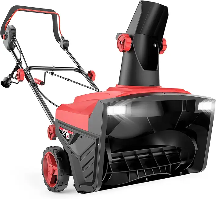 19.5 Inch 15 AMP Corded Electric Snow Blower, with Double LED Lights, Overload Protection, 180° Rotatable Chute, Snow Thrower for Driveway Walking Path Yards, Model: ELG10, Black&Red
