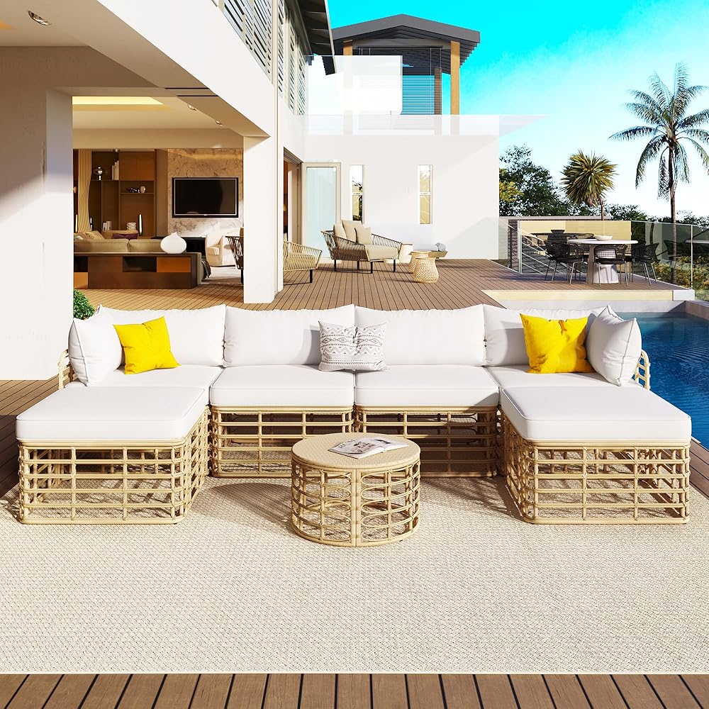 GO 7 Pieces Outdoor Patio Furniture, All-Weather Rattan Sectional Sofa Set with Thick Cushions and Pillows, Freely Combined Conversation Sets for Garden, Backyard, Balcony, Beige