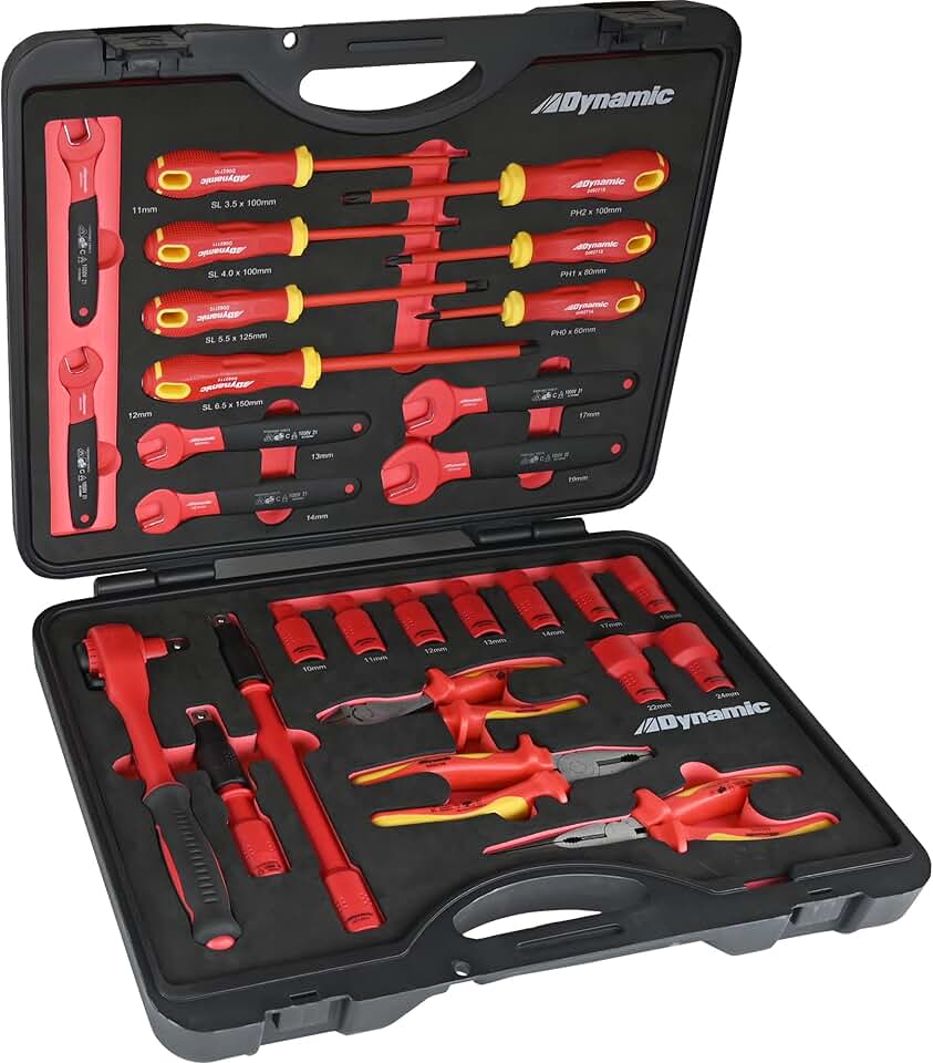 Dynamic 28 Piece Insulated Tool Set, VDE Certified to 1,000V AC, Electrician Tools Including Insulated Sockets, Wrenches, Pliers, Screwdrivers, in Durable Storage Case