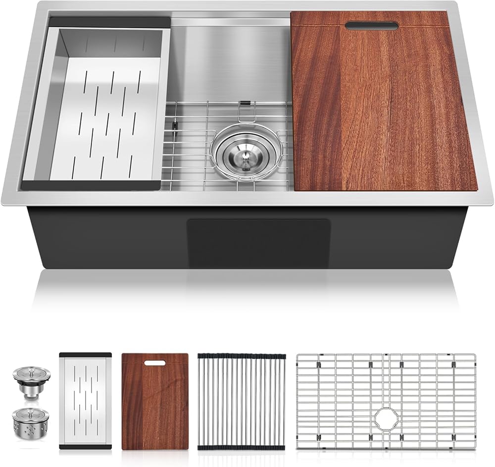 bathivy Kitchen Sink Undermount, 32 x 19 x 10 Inch Workstation Sink, Handmade Stainless Steel Sink Set Single Bowl Kitchen Sink Ledge Sink with All Accessories