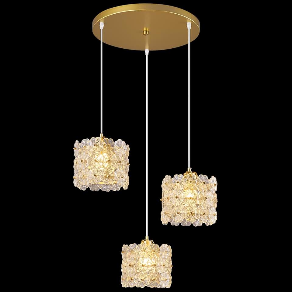 Crystal Pendant Light, Gold Adjustable Hanging Ceiling Light Fixture Modern Pendant Lighting for Kitchen Island, Dining Room, Living Room, Bedroom(Gold, 3-Light)