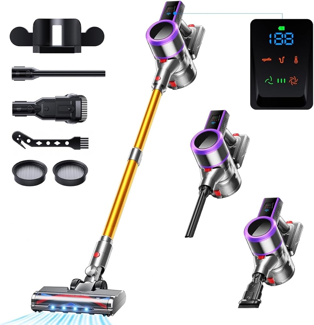 Cordless Vacuum Cleaner, 30000Pa/450W Powerful Vacuum Cleaners for Home, 50 Mins Runtime, LED Display, 1.5L Cup, Anti-Tangle Brush, Lightweight, Ultra-Quiet, Cordless Stick Vacuum Cleaners