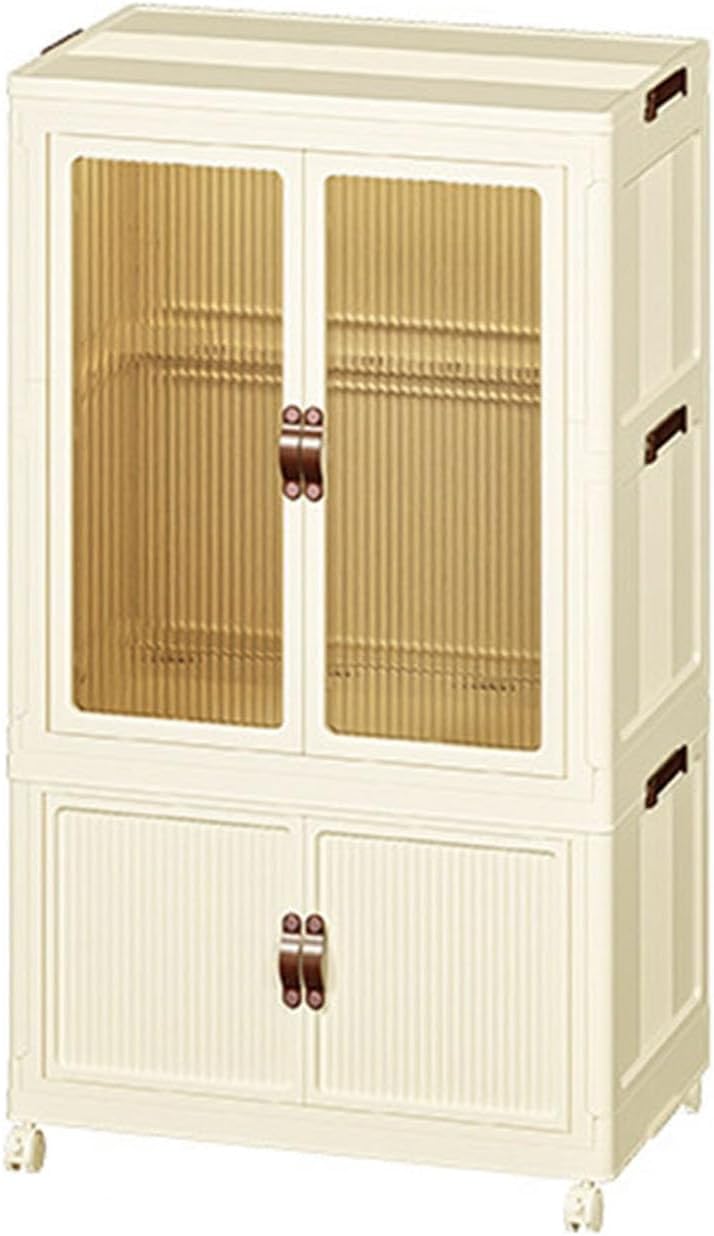 Stackable Storage Bins with Lid and Door, Collapsible Kitchen Storage with Wheels, Foldable Toy Storage with Open Front, Plastics Clothes Storage Cabinet Side Organizer Unit