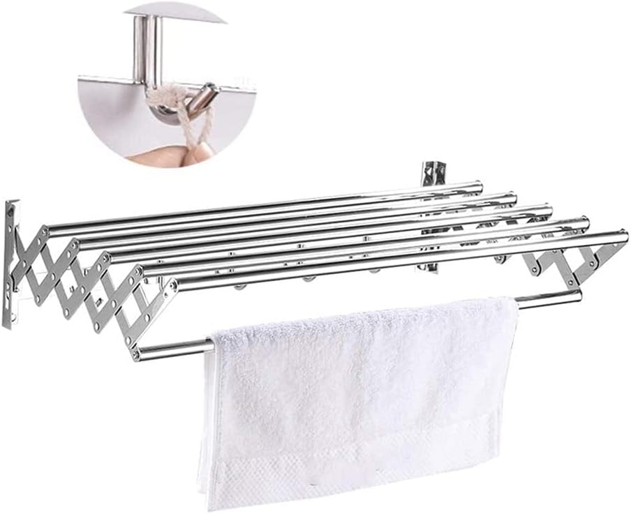 Foldable Clothes Drying Rack Wall Mounted 5 Rails Dryer Retractable Airer Bathroom Towel Rail Hooks Washing Cloth Line Stainless Steel Extendable Easy Storage (Size : 50cm)