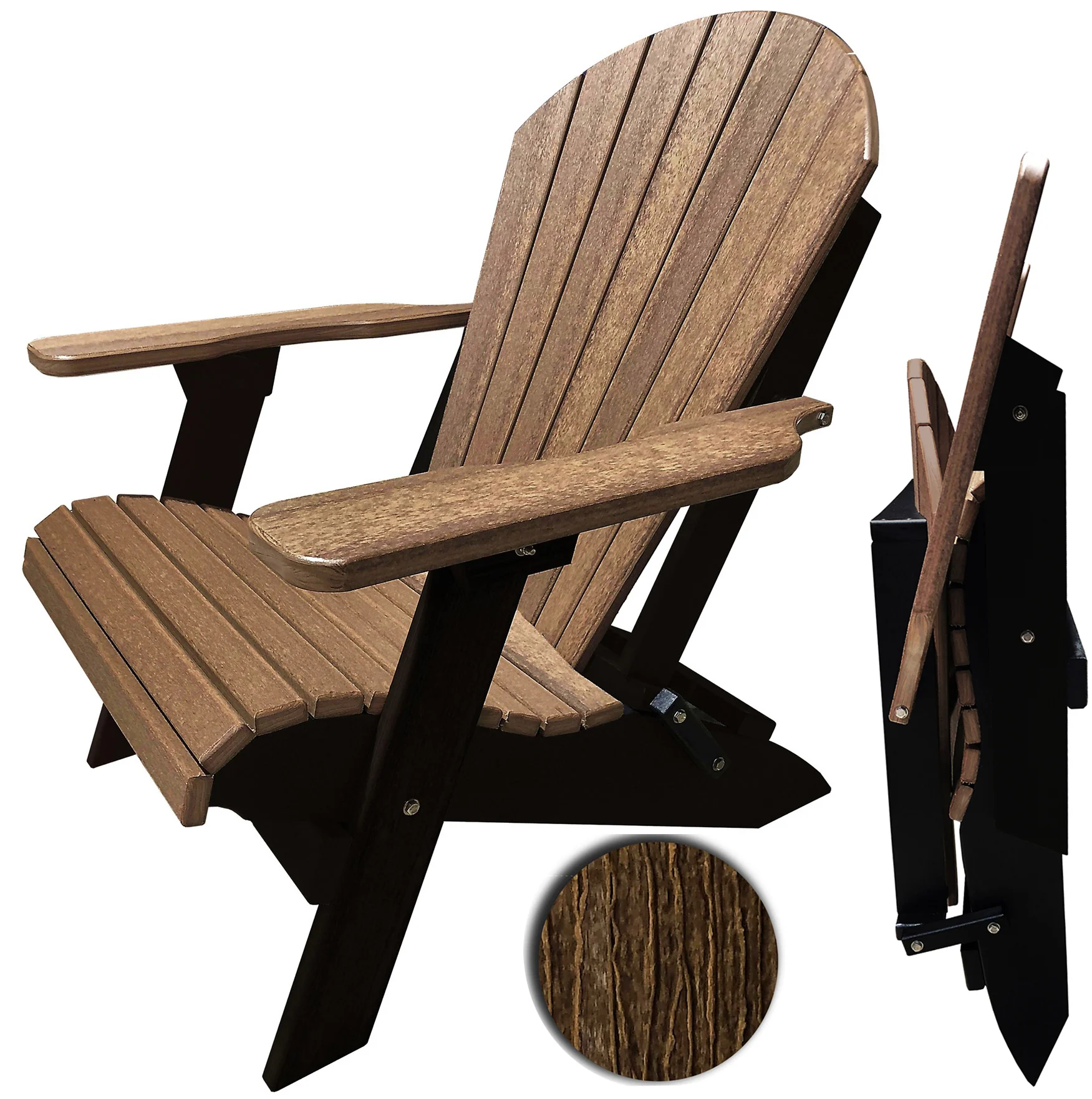 Set of 4 - DuraWeather Poly King Size Folding Adirondack Chairs Exclusive Wood Grain Poly-Resin