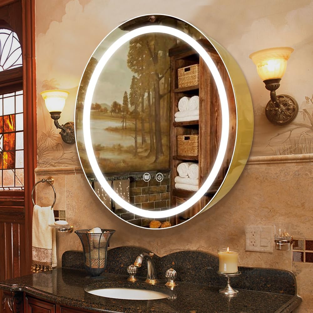 28inch Round Medicine Cabinet with Lights,Led Medicine Cabinet with Defogger,Illuminated Mirror Cabinet for Bathroom,Dimmable,Anti-Fog,3 Colors,Surface Mount only,Gold