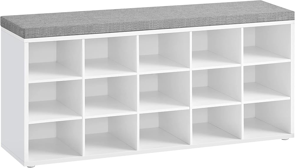 VASAGLE Shoe Bench with Cushion, Storage Bench with Padded Seat, Entryway Bench with 15 Compartments, for Bedroom, 11.8 x 41.3 x 18.9 Inches, Cloud White and Dove Gray ULHS15WT