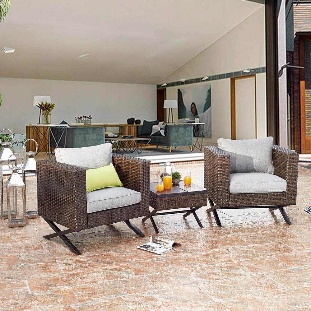 LOKATSE HOME 3Pcs Outdoor Patio Furniture Conversation Sets Wicker Metal Steel Frame Soft Cushions Armchairs and Coffee Table for Backyard Porch Garden Poolside Balcony, Brown