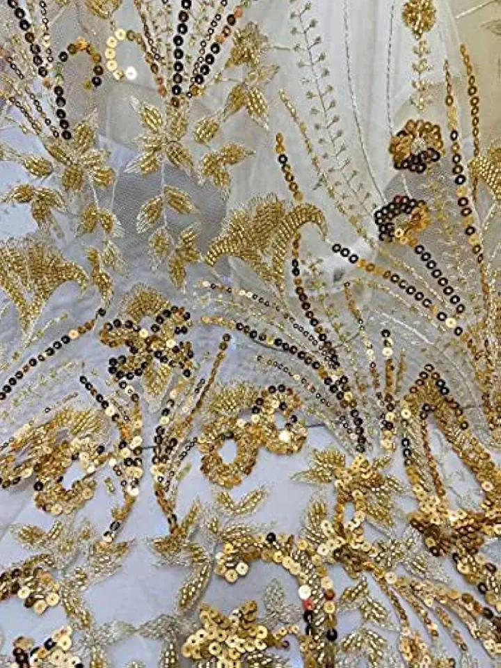 SELCRAFT Wedding/Dress Design Fabric Crystal Sequin Bead Embroidery French Mesh Soft Lace Fabric Gold Sequin Dress Wedding Fabric 5Ys fab.3839