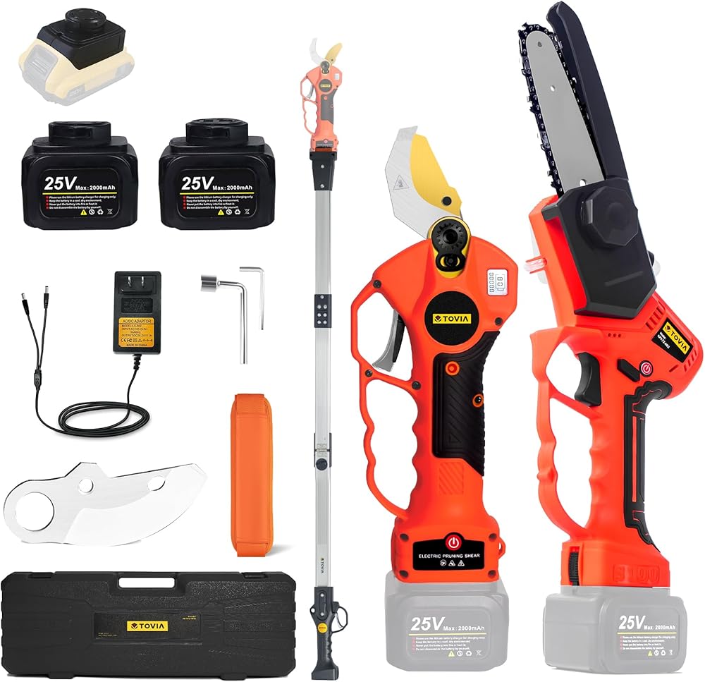 T TOVIA Cordless Electric Pruner Kit, 1.6 Inch Pruning Shears and 5 Inch Handheld Chain Saw with 75 Inch Foldable Extension Pole, 2 Pack 25V Lithium Batteries, SK5 Blades & Dewalt Battery Convert