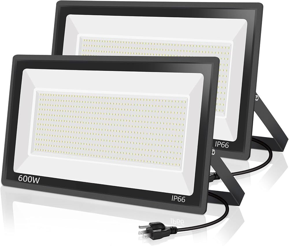 2 Pack 600W LED Flood Light Outdoor,(3060W Equivalent),67600LM 5000K Daylight White Super Bright LED Arena Light with Plug,85-277V IP66 Waterproof Commercial Lighting for Fields,Counts,Stadium