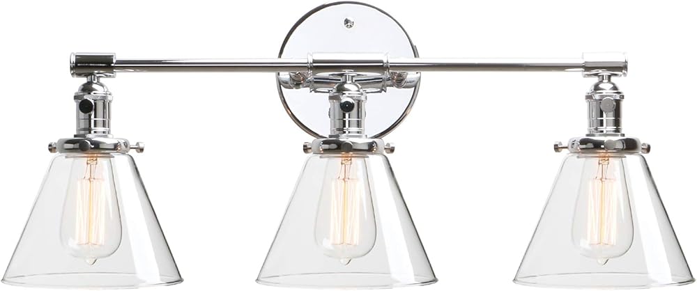 Phansthy 3 Light Vanity Light Wall Sconce Light Fixture with 7.3 Inches Cone Glass Lamp Shade for Kitchen Bathroom Living Room, Polished Chrome