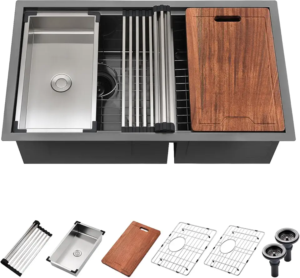 32 Black Undermount Workstation Double Bowl Kitchen Sink, Scamall 32x19 Inch 16 Gauge Nano Black Stainless Steel 60/40 Under Mount Double Bowl Workstation Kitchen Sink with Low Divider SM022-1SBG