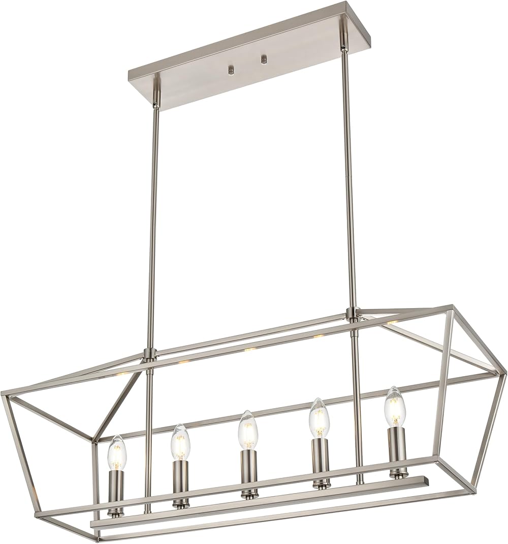 MELUCEE 5-Light Kitchen Island Pendant Lighting, Farmhouse Dining Room Light Fixtures Over Table, 32 Inches Linear Chandelier in Brushed Nickel Finish for Dining Room Kitchen Pool Table, E12 Base